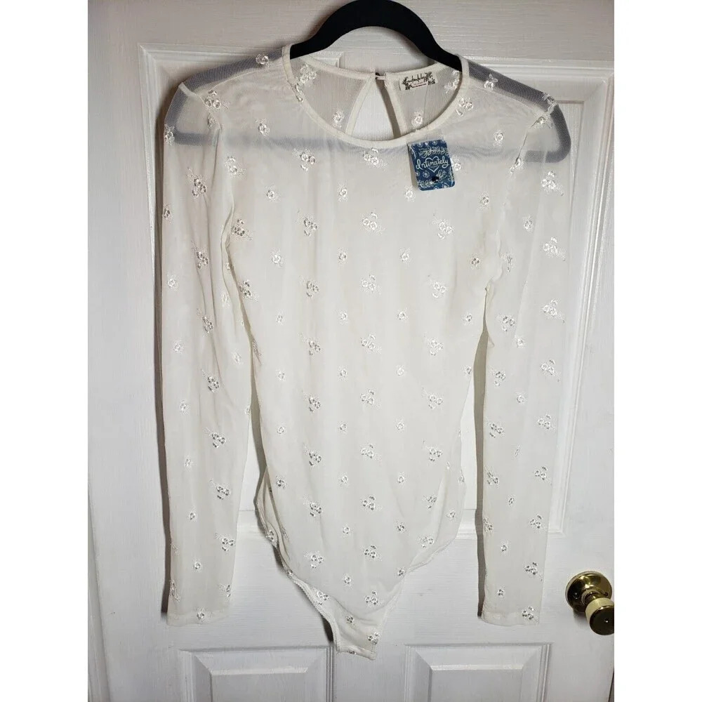 NWT Free People Women's Size M Make Out Mesh Bodysuit Ivory